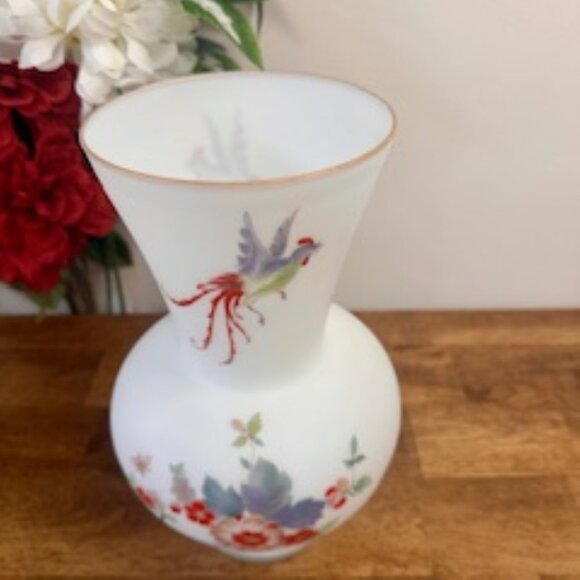 Antique‎ White Satin Bristol Glass Vase Hand Painted Floral and Bird Design - Picture 3 of 7